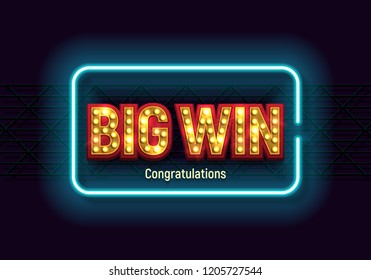 Shining retro sign Big win banner with neon frame. Vector illustration.