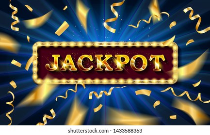 Shining retro sign Jackpot banner illuminated by spotlights with confetti. Vector illustration.