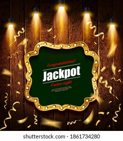 Shining retro sign Jackpot banner on a wooden backgroundVector illustration.
