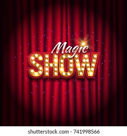 Shining retro sign Showtime banner on curtain illuminated by spotlights. Vector illustration.