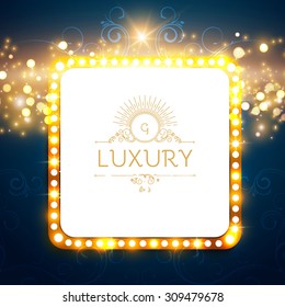 Shining retro square banner with bokeh lights & swirls for your beauty design. Vector illustration