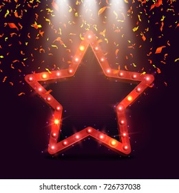 Shining retro star illuminated by spotlights with confetti. Vintage bright sign board for your design. Vector illustration.