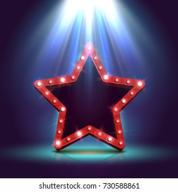 Shining retro star illuminated by spotlights. Vintage bright sign board for your design. Vector illustration.
