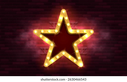 Estrela retrô brilhante no fundo da parede de tijolos. Placa de sinais brilhante vintage para o seu design. Outdoor com iluminação. Ilustração vetorial.
