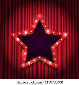 Shining retro star on curtain illuminated by spotlights. Vintage bright sign board. Vector illustration.