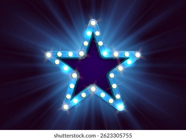 Shining retro star. Vintage bright sign board for your design. Billboard with lighting. Vector illustration.