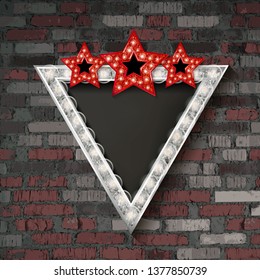 Shining retro triangular light banner on against a brick wall. Vector illustration