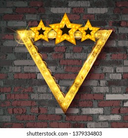 Shining retro triangular light banner on against a brick wall. Vector illustration