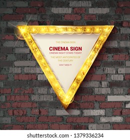 Shining retro triangular light banner on against a brick wall. Vector illustration