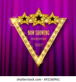 Shining retro triangular light banner with three stars on purplebackground. Vector illustration