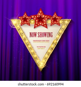 Shining retro triangular light banner with three stars on blue background. Vector illustration