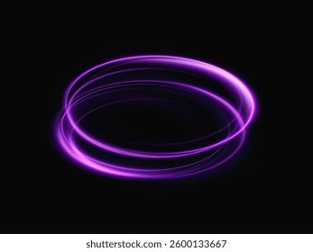 Shining ring with neon purple lines, mesmerizing light swirl. Glowing circle. Light speed effect. Deep black background, light motion effect.