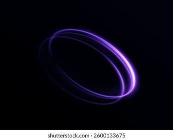 Shining ring with neon purple lines, mesmerizing light swirl. Glowing circle. Light speed effect. Deep black background, light motion effect.