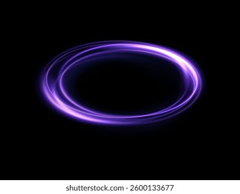 Shining ring with neon purple lines, mesmerizing light swirl. Glowing circle. Light speed effect. Deep black background, light motion effect.