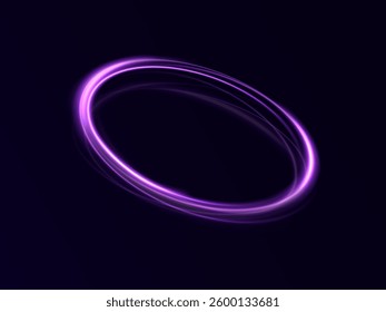 Shining ring with neon purple lines, mesmerizing light swirl. Glowing circle. Light speed effect. Deep black background, light motion effect.