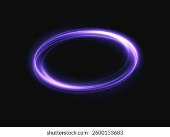 Shining ring with neon purple lines, mesmerizing light swirl. Glowing circle. Light speed effect. Deep black background, light motion effect.