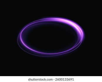 Shining ring with neon purple lines, mesmerizing light swirl. Glowing circle. Light speed effect. Deep black background, light motion effect.