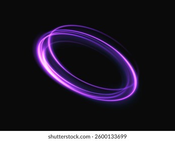 Shining ring with neon purple lines, mesmerizing light swirl. Glowing circle. Light speed effect. Deep black background, light motion effect.