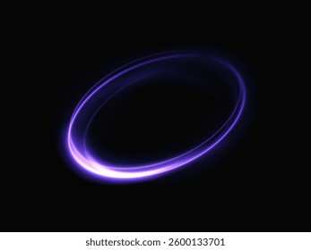 Shining ring with neon purple lines, mesmerizing light swirl. Glowing circle. Light speed effect. Deep black background, light motion effect.