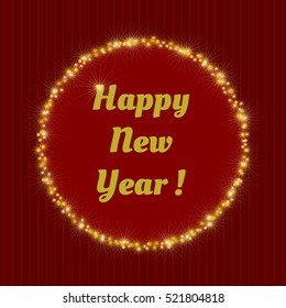 shining round frame of bright stars, sparkles on a red striped new year background