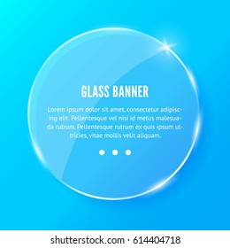 Shining round glass banner on blue background. REalistic vector circle with reflections and glow