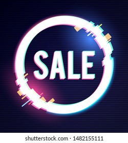 Shining sale label with glitch effect. Cyber sale.