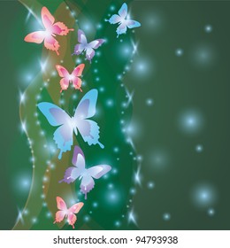 Shining saturated colorful background with butterflies, decorated waves and stars