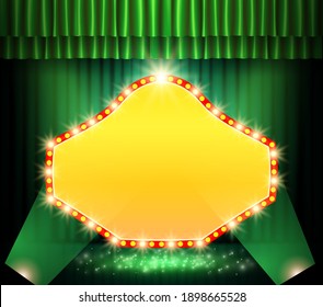 Shining scene with green curtain and red retro banner. Design for presentation, concert, show. Vector illustration