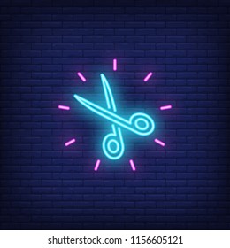 Shining scissors neon sign. Hairdressing salon, style and fashion concept. Advertisement design. Night bright colorful billboard, light banner. Vector illustration in neon style.