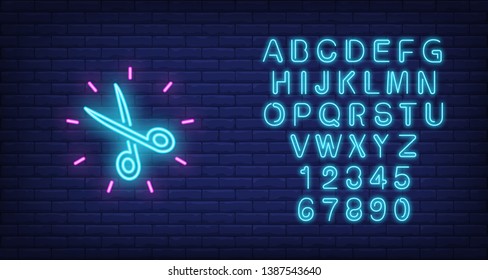 Shining scissors neon sign. Hairdressing salon, style and fashion concept. Advertisement design. Night bright colorful billboard, light banner. Vector illustration in neon style.