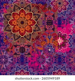 Shining seamless pattern for fabric with mandalas - flowers. Magnificent multicolor ethnic print for scarf, carpet, napkin, tablecloth.