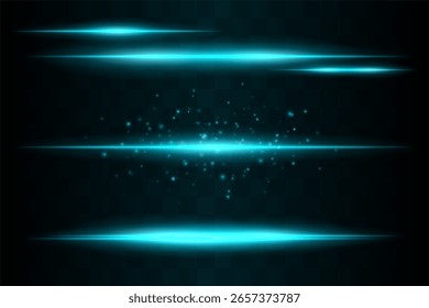 Conjunto brillante. Brillantes rayos brillantes combinados con partículas de luz flotante. El cúmulo central destaca la dispersión de energía y el movimiento suave sobre fondo transparente.