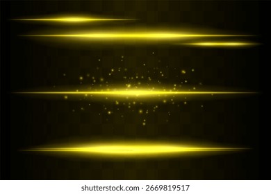 Conjunto brillante. Brillantes rayos brillantes combinados con partículas de luz flotante. El cúmulo central destaca la dispersión de energía y el movimiento suave sobre fondo transparente.