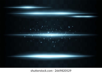 Conjunto brillante. Brillantes rayos brillantes combinados con partículas de luz flotante. El cúmulo central destaca la dispersión de energía y el movimiento suave sobre fondo transparente.