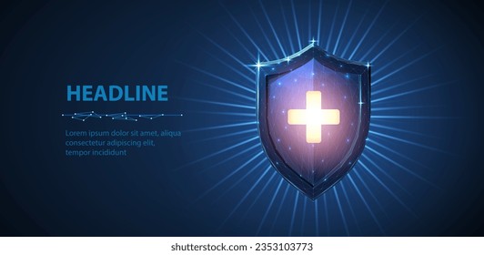 Shining shield and cross. Antimicrobial protect, covid-19 vaccination, virus protection, immune system, bacterial immunology, antivirus guard, antibacterial defense, disease prevention concept