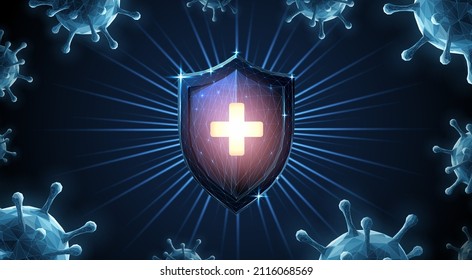 Shining shield and viruses. Antimicrobial protect, covid-19 vaccination, virus protection, immune system, bacterial immunology, antivirus guard, antibacterial defense, disease prevention concept