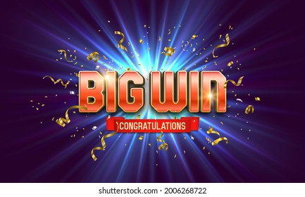 Shining sign Big Win with confetti on bright background. Vector illustration.