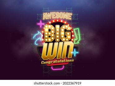 Shining Sign Big Win With Retro Neon Billboard. Vector Illustration.