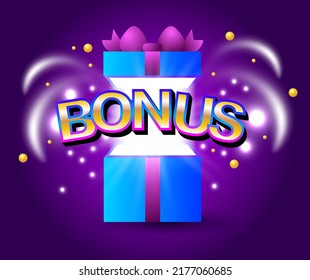 Shining sign Bonus on a bright background. Bonus word, gift box on dark background. Winning prize vector poster. Win prize celebration vector illustration. Celebrate win gift box