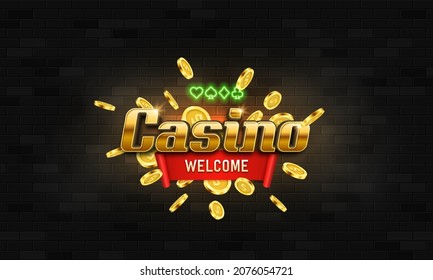 Shining sign Casino with golden coins. Vector illustration.