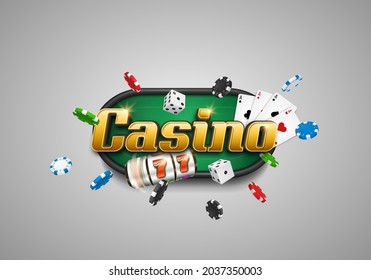 Shining sign Casino with playing cards, chips, dice and slot machine. Vector illustration.