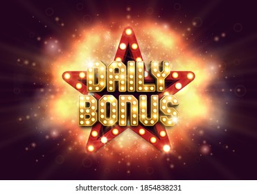 Shining sign Daily Bonus with retro star on a bright background. Vector illustration.