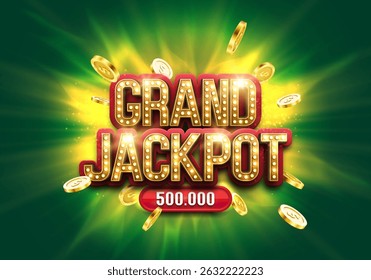 Shining sign Grand Jackpot with golden coins on a bright background. Vector illustration.
