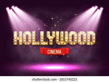 Shining sign Hollywood illuminated by spotlights. Movie banner or poster in retro style. Vector illustration.