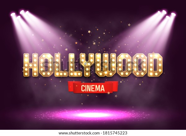 Shining Sign Hollywood Illuminated By Spotlights Stock Vector (Royalty ...