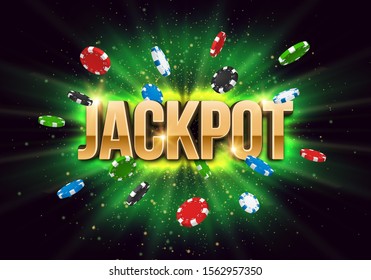 Signe lumineux Jackpot avec chips de poker sur fond clair. Illustration vectorielle.