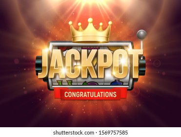 Shining sign Jackpot with slot machine and golden crown on a bright background. Vector illustration.