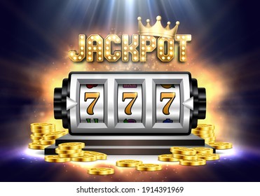 Shining sign Jackpot with slot machine, golden crown and coins on a bright background. Vector illustration.