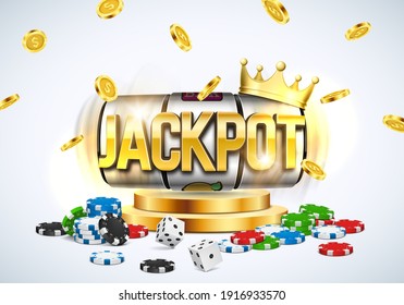 Shining sign Jackpot with slot machine, golden crown, coins, dice and poker chips . Vector illustration.