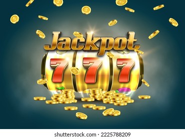 Shining sign Jackpot with slot machine and coins. Lucky seven on slot machine. Vector illustration.
